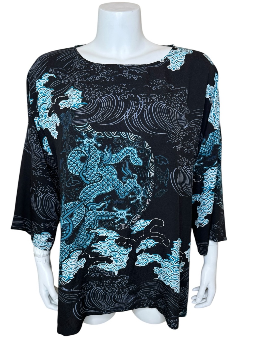 Citron Santa Monica 100% Silk Top Blouse M Dragon Waves Asian Black Blue